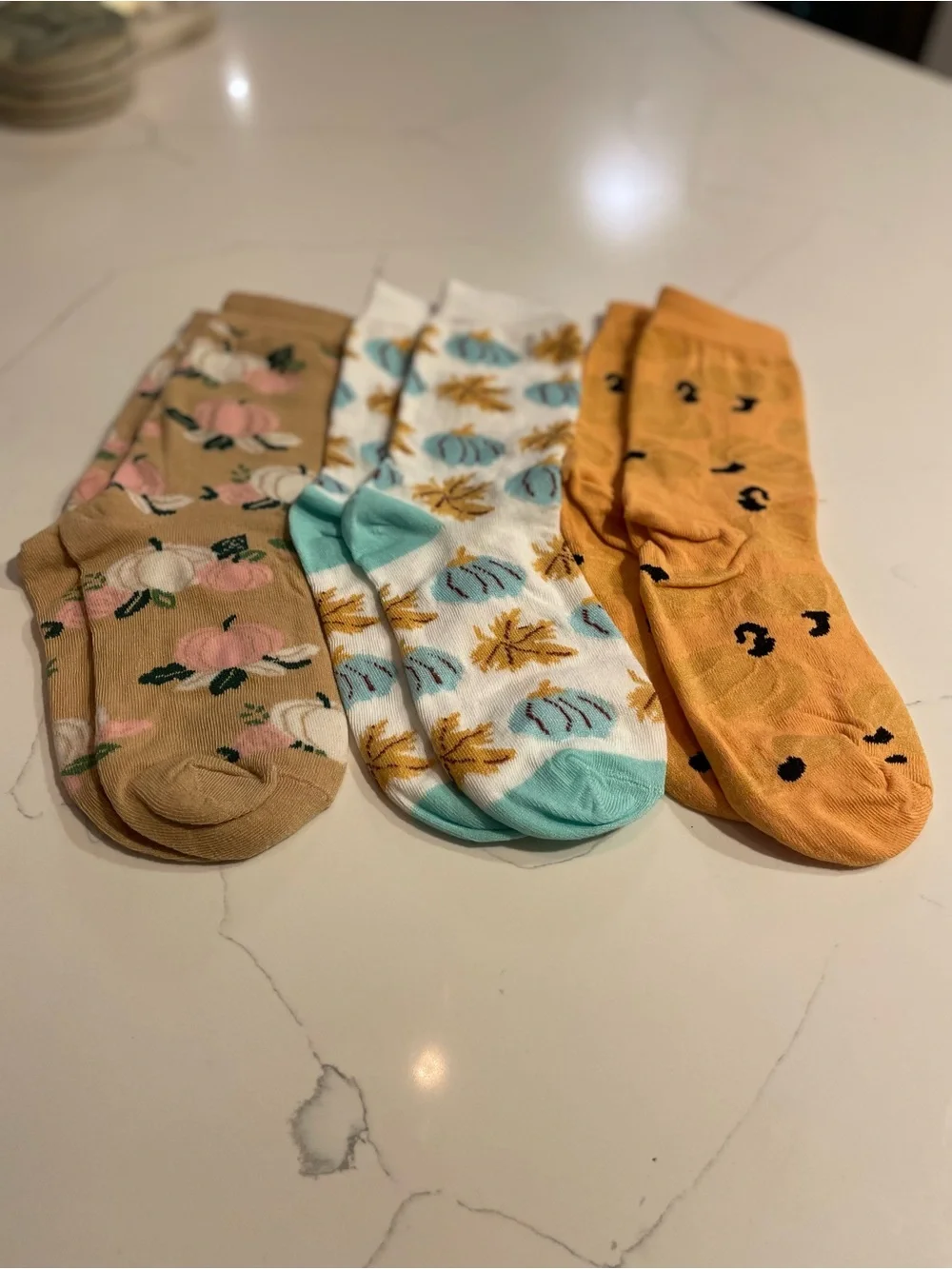 Floral & Pumpkin Pattern Crew Socks - Pack of 3, Yellow/Beige/White